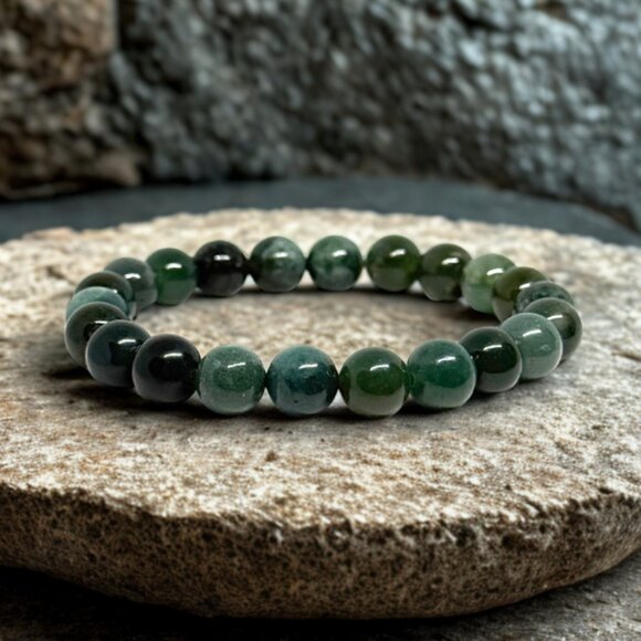 Moss Agate Gemstone Bracelet 8MM | Handmade Crystal Healing Jewelry - Picture 4 of 12